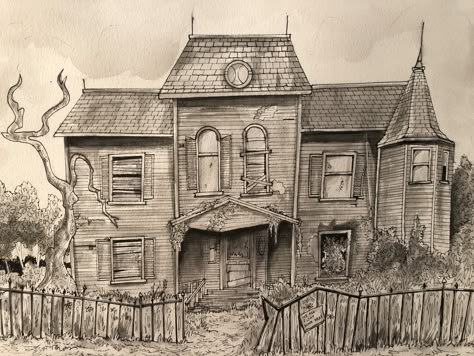 Stephen King’s It House by Leonard Kenyon Abandon House Drawing, Stephen King Drawings, Scary House Drawing, Abandoned Building Drawing, Creepy House Drawing, It Painting Stephen King, It Art Stephen King, It House Stephen King, Haunted House Sketch