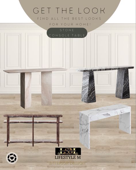 Board with console table options. Stone Entry Table, Stone Console Table, Extra Long Console Table, Long Console Table, Marble Console Table, Marble Console, Console Tables, Small Designs, Marble Top