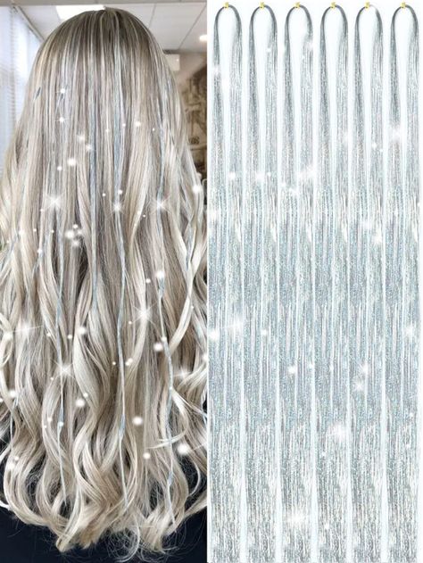 Silver Hair Tinsel Kit, Fairy Hair Glitter Hair Extensions 6Pcs 1500Strands, Sparkling Shiny Hair Tinsel Tensile Hair Extensions For Women GirlsI discovered amazing products on SHEIN.com, come check them out! Tensile Hair, Silver Hair Tinsel, Glitter Hair Extensions, Hair Glitter, Hair Tinsel, Fairy Hair, Mixed Hair, Glitter Hair, Shiny Hair