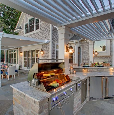 StruXure - Photo Gallery | Pergola Pictures and Designs Kitchen With Gas Stove, Minnesota Lake, Pergola Pictures, Outdoor Kitchen Ideas, Backyard Bar, Wooden Pergola, Pergola Plans, Pergola Kits, Outdoor Kitchens