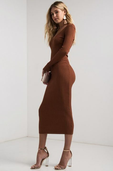 Knit Sweater Dress Outfit, Rust Maxi Dress, Winter Bodycon Dress, Knitting Styles, Crochet Bodycon Dresses, Rib Knit Sweater, Crochet Styles, Fab Dress, Sweater Dress Outfit