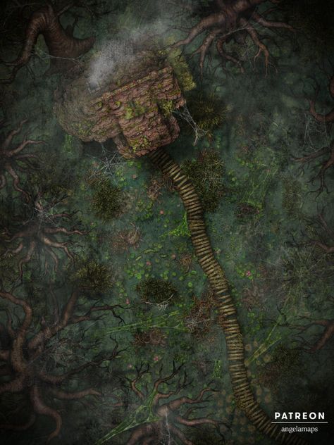 In the heart of the swamp the hag’s hut resides, her sinister deals lurking in the shadows. This map offers variants with and without the inside of the hut. Additionally, discover fey and forest variants, which may serve as illusions spun by the hag or as the haven of a benevolent mystic. Cool Dnd Dice, Fantasy Worldbuilding, Witch Hut, Pathfinder Maps, Forest Map, Dnd World Map, Fantasy World Map, Dungeons And Dragons Art, Tabletop Rpg Maps