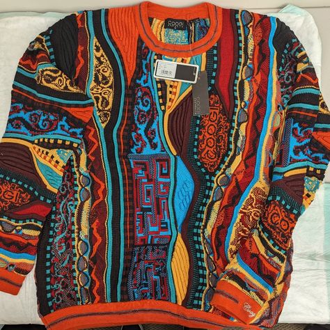 Coogi Multi Colored Vintage 80 Style Sweater. Never Worn Before. Vintage Colorful Sweater, Coogie Sweater Outfit, Maximalist Sweater, Funky Sweaters Outfit, Clown Sweater, Patterned Sweaters, Thrift Wishlist, Fashion Collection Inspiration, Coogi Sweater