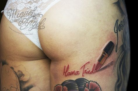 "Mama Tried" lipstick custom tattoo | Miguel Angel Custom Ta… | Flickr Lipstick Writing, Cheek Tattoo, Lipstick Tattoo, Angel Custom, Tattoo Realism, Wife Tattoo, Lipstick Tattoos, London Illustration, Mama Tried