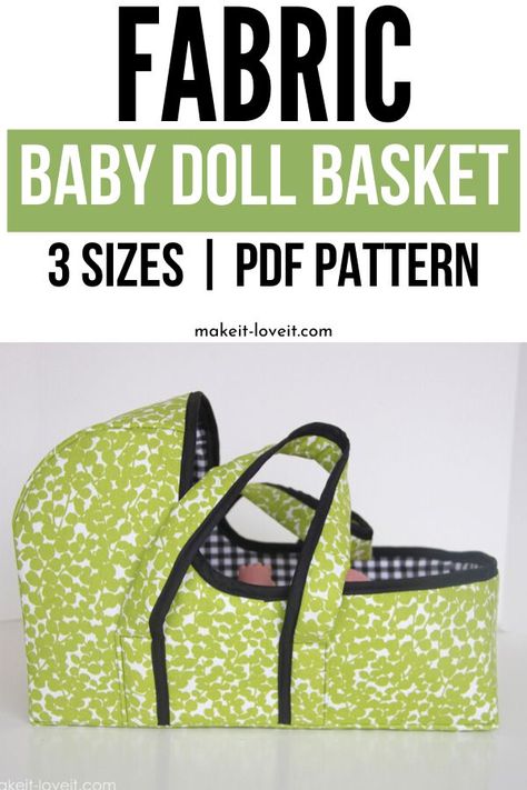 Fabric Baby Doll Basket Tutorial that you can make for your child's baby doll. I share 3 sizes and it has a PDF pattern. #craft #project #tutorial #baby #doll #basic #fabric #sewing Baby Doll Basket Carrier Free Pattern, Babydoll Clothes Patterns Free, Fabric Baby Doll Basket Pattern Free, Doll Basket Sewing Pattern, Baby Doll Basket Pattern Free, Doll Basket Pattern Free, Doll Bassinet Pattern Free, Baby Doll Organization Ideas, Baby Doll Carrier Pattern Free