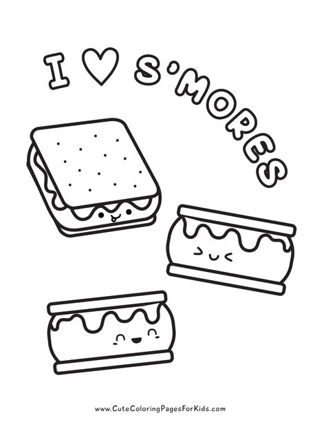 Grab these fun camping coloring pages for kids with the words "i heart s'mores" and drawing of three cute smores Preschool Smores Activities, S’mores Coloring Sheet, Smores Coloring Page, Squirrel Scouts, Camping Worksheets, Camping Week, Summer Daycare, Camping Preschool, Camping Theme Preschool