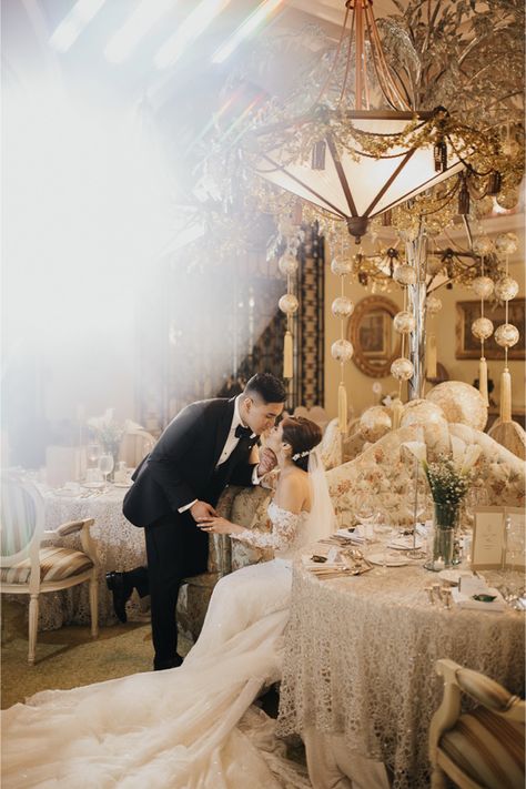 A Classic Champagne Room Wedding | Philippines Wedding Blog Castle Proposal, Satin Bridesmaids Gowns, Champagne Room, Wedding Philippines, White Rose Bouquet, Golden Champagne, Satin Fabrics, Paper Rings, Philippines Wedding