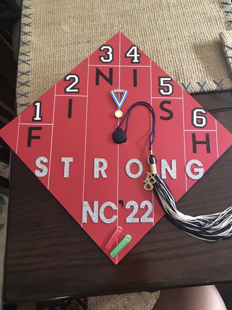 Track graduation cap Cross Country Graduation Cap Ideas, Sports Management Graduation Cap, Track Graduation Cap, Track And Field Graduation Cap, Track Graduation Pictures, Graduation Hat Toppers, Country Graduation, Diy Graduation Decorations, Graduation Cap Designs College