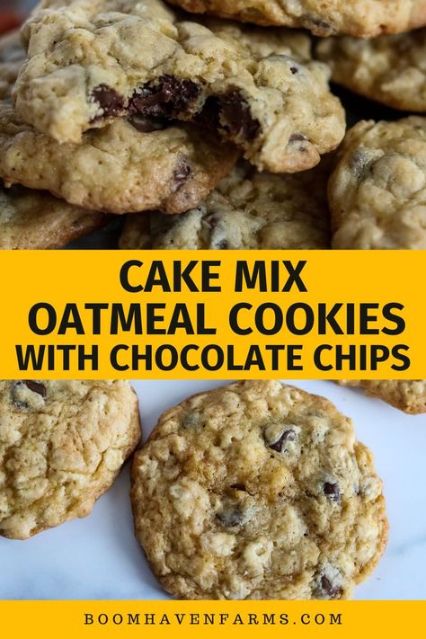 Treat yourself to a semi-homemade delight with these flavorful Cake Mix Oatmeal Cookies. Made with a box of yellow cake mix, these cookies are elevated with the addition of hearty oats and luscious chocolate chips. Quick to prepare and bursting with flavor, these cookies are perfect for satisfying your sweet tooth. Indulge in this delightful combination of oatmeal and chocolate chip goodness! Cake Mix Oatmeal Cookies, Oatmeal Cookies With Chocolate Chips, Cake Mix Chocolate Chip Cookies, Cookies With Chocolate Chips, Cake Mix Cookie Bars, Cake Box Cookies, Chocolate Cake Mix Cookies, Oatmeal Cookies Easy, Mix Chocolate