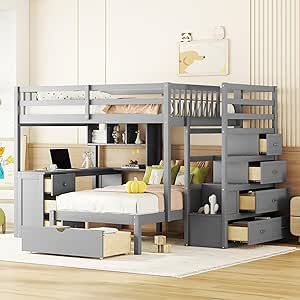 Harper & Bright Designs Full Over Twin Bunk Bed with Stairs, Storage Drawers, Full Size Loft Bed Frame with Desk and Shelves, Gray, Gray(desk), HJH-LT605AAE-29 Building Bed, Full Over Twin Bunk Bed, Full Size Bunk Bed, Beds With Drawers, Built In Desk And Shelves, Kid's Bed, Bed With Wardrobe, Solid Wood Bunk Beds, Bunk Bed Ideas