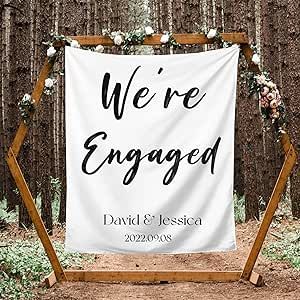 We're Engaged Backdrop, Custom Tapestry with Names and Date, Personalized Calligraphy Wedding Banner for Ceremony, Engagement Backdrop, Rustic Wedding Sign, Reception Backdrop, Engagement Party Decor Engaged Backdrop, Engagement Party Backdrop, Backdrop Engagement, Engagement Backdrop, Engagement Banner, We're Engaged, Party Fotos, Bold Letters, Engagement Decorations