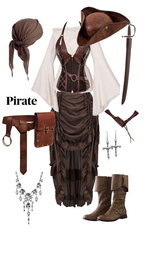 Pirate costume inspo Ren Fest Pirate Costume, Medival Outfits Halloween, Elizabeth Swann Pirate Outfit, Pirate Aesthetic Female Outfit Medieval, Pirate Costume With Skirt, Costume Ideas Women Pirate, Women Pirate Outfits Medieval, Female Pirate Accessories, Diy Pirate Corset