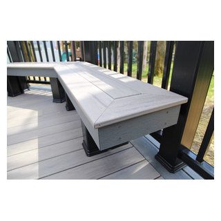 Ground Level Deck with Bench Seating - Craftsman - Deck - Philadelphia - by Hillcrest Construction | Houzz Composite Deck Bench, Deck With Bench Seating, Trex Bench, Deck With Bench, Craftsman Deck, Deck Bench Seating, Sunroom Fireplace, Grey Deck, Ground Level Deck