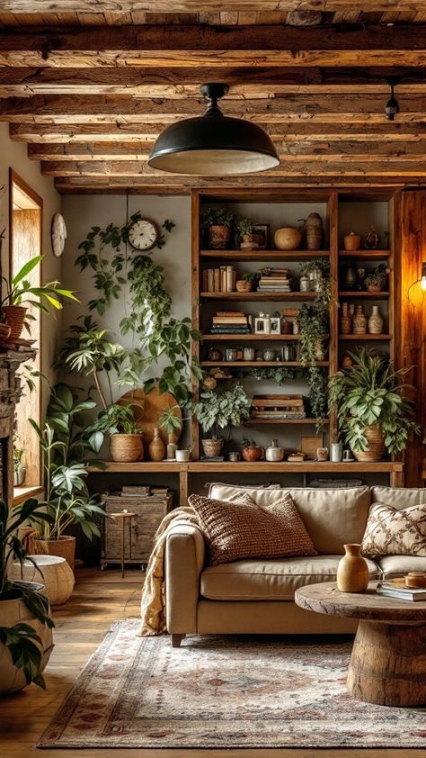 Cozy living room featuring wooden accents, plants, and a comfortable couch. Living Room Designs Plants Cozy, Earthy House Decor, Armless Sofa Living Room, Floating Couch, Woodsy Living Room, Apartment Inspiration Cozy, Boho Cabin, Cozy Basement Ideas, Small Living Room Layout