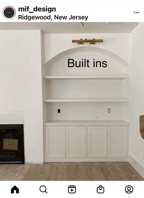 Arched Shelf Built In, Curved Built In, Built In Shelves With Fireplace, Bookshelves Ikea Hack, Fireplace Ideas 2023, Fireplace Cabinets On Each Side, Arched Built Ins, Fireplace And Shelves, Built In Living Room