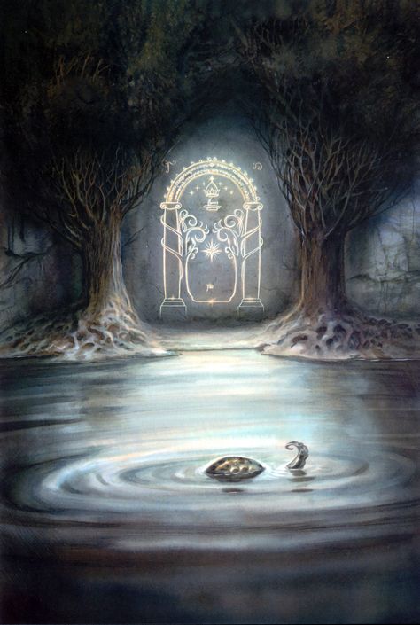 The Lord of the Rings - John Howe Art - The Door at Moria, The Watcher in the Water...watches! Mines Of Moria, Lord Of Rings, John Howe, Illustration Fantasy, Middle Earth Art, Tolkien Art, Lotr Art, Fellowship Of The Ring, Jrr Tolkien