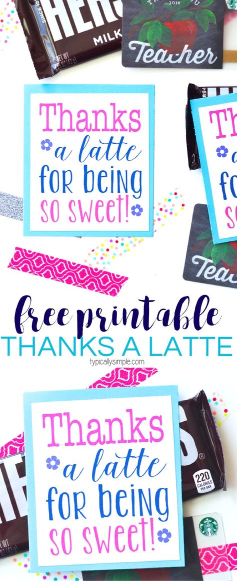 A free printable to show someone how much you appreciate them! Attach a coffee shop gift card and some chocolate for a sweet gift to give to a teacher, co-worker, or friend! Coffee Thank You Card Free Printable, Teacher Appreciation Coffee Printable, Teacher Chocolate Bar Poem, Thanks A Latte Free Printable, Teacher Coffee Gift Card Free Printable, Coffee Gift Card, Teacher Appreciation Diy, Chocolate And Coffee, Candy Grams