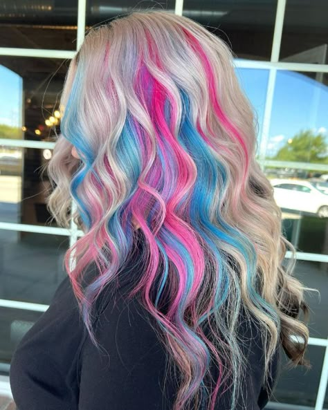 Blonde And Colorful Hair Ideas, Fun Hair Ideas For Blondes, Vivid Lowlights, Blue And Pink Highlights In Blonde Hair, Vivid Hair Color With Blonde, Blonde Pink And Blue Hair, Vivid Highlights Blondes, Colorful Highlights In Blonde Hair, Blonde Vivid Hair