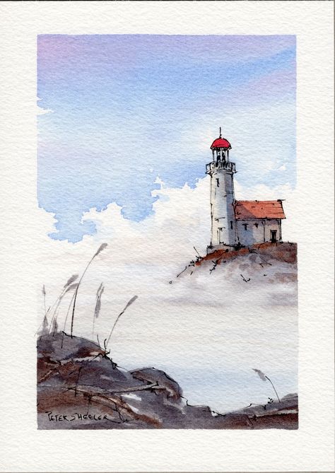 Floating on the mist | A lighthouse above the morning mist | Peter Sheeler | Flickr Wet On Wet Watercolor, Lighthouse Paintings, Watercolor Seascapes, Wet Watercolor, Watercolor Barns, Watercolor Scenery, Watercolor Clouds, Watercolor Art Landscape, Lighthouse Painting