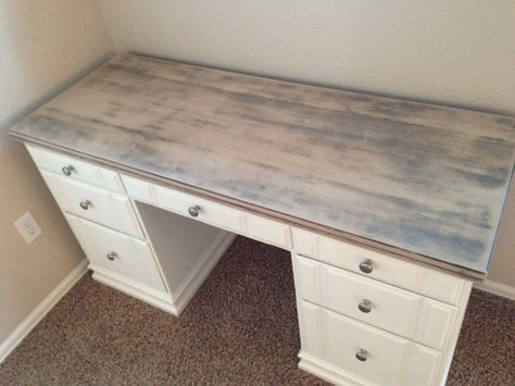 Bought an ugly old desk from Craigslist for $25, some paint, and new hardware. Sanded it down, painted a few coats, and white-washed the top (left a little bit of residual paint on the top for interest). posting pics of the before and after ....here is a better view of the white-washed top White Farmhouse Desk, Masculine Desk, Antique Wooden Desk, Distressed Desk, White Washed Pine, Pine Desk, Office Redo, Brown Desk, Old Desks