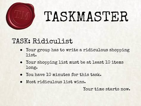 Funny Tasks For Friends, Taskmaster Party Ideas, Taskmaster Party, Task Master, Taskmaster Ideas, Task Master Games At Home, Taskmaster Party Games, Taskmaster Games, Taskmaster Tasks At Home