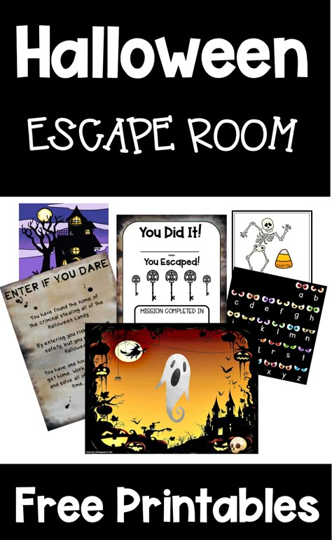 the pin shows six printable Halloween escape room printables. Halloween Escape Room Classroom Free, Halloween Class Activity, Halloween Escape Room Classroom, Halloween Class Ideas, Free Halloween Escape Room For Kids, Fall Party Elementary School, Halloween Middle School Activities, Free Escape Room Printable For Kids, Halloween Escape Room For Teens