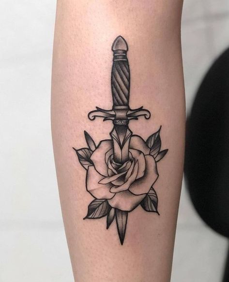 Knife And Rose Tattoo, Rose And Dagger Tattoo, Dagger Tattoos, Rose And Dagger, Knife Tattoo, Sketch Tattoo Design, Dagger Tattoo, Floral Tattoo Design, Skull Tattoos