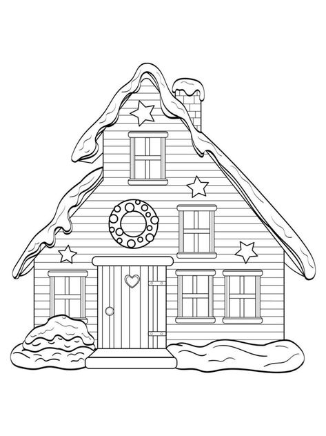 Winter house made of wood and bricks, with snow with Christmas tree, black outline isolated on white background, vector illustration, holiday decoration, coloring page Christmas Houses Drawings, Winter House Drawing, Christmas House Drawing, House Coloring Pages Free Printable, Doodle Houses, House Made Of Wood, Coloring House, Window Snow, Snow Spray