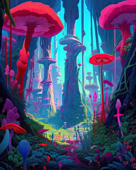 Lolita | Artist on Instagram: “Going on an adventure is an exhilarating experience that can bring about a sense of freedom and excitement. It often involves exploring new…” Fungi Fantasy Art, Magic World Illustration, Mushroom Environment, Landscape Concept Art, Surreal Environment, Space Forest, Space Plants, Going On An Adventure, Planet Drawing