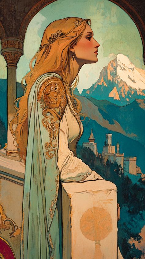 ✨🌹 Discover the enchanting world of a medieval princess in a stunning castle tower in the Pyrenees! 🏰🌄 Inspired by the mesmerizing styles of Gil Elvgren, Alphonse Mucha, and Moebius, this artwork bursts with vibrant colors that transport you to a realm of fantasy and elegance. 🎨💖 Embrace the magic of the past and let your imagination soar! ✨👑 #MedievalMagic #ArtInspiration #ColorfulFantasy... Regal Woman, White Dress With Gold, Medieval Princess, Enchanted Castle, Gil Elvgren, Castle Tower, Long Blonde, Alphonse Mucha, Blonde Women