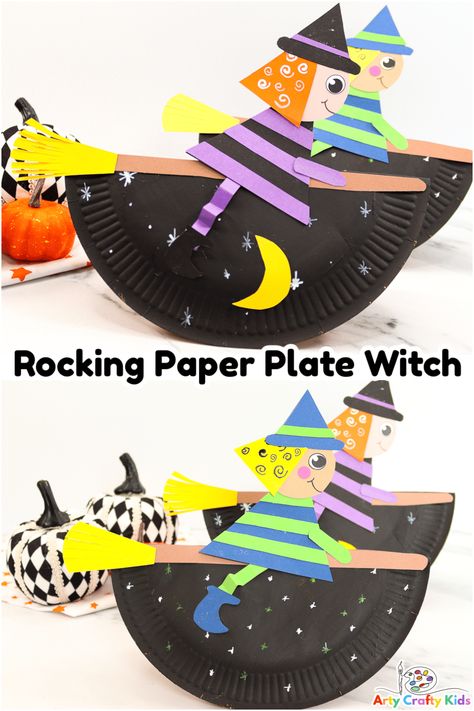 Halloween is fast approaching, which means it's time to start thinking about some fun Halloween activities for kids. This rocking paper plate witch craft is a great project to get them in the spirit of the coming season and is easy enough that they'll be able to do it all on their own Halloween Kita, Halloween Crafts For Kids To Make, Fun Halloween Activities, Bricolage Halloween, Halloween Infantil, Halloween Crafts Preschool, October Crafts, Kid Friendly Halloween, Halloween Arts And Crafts