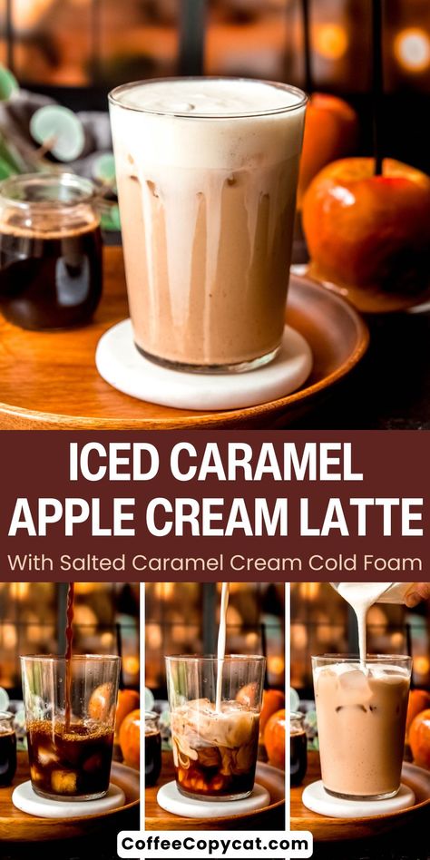 Iced Caramel Apple Cream Latte (Starbucks Copycat) - coffeecopycat.com Pumpkin Caramel Iced Coffee, Iced Caramel Apple Cream Latte, Caramel Apple Latte, Iced Latte Recipe, Starbucks Fall Drinks, Apple Brown Sugar, Caramel Apple Spice, Hot Drinks Recipes, Apple Drinks