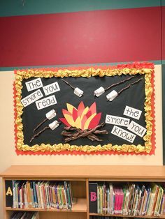 Camping Classroom, Library Bulletin Board, Reading Bulletin Boards, Camping Theme Classroom, Library Themes, Library Bulletin Boards, Library Boards, Classroom Board, Elementary Library