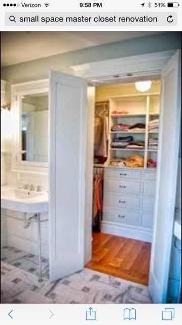 Love the double door to the walk-in closet off of the bathroom! Master bathroom/closet inspiration! Small Master Closet, Bedroom Decorate, Master Closet Design, Bedroom Closet Doors, Master Bath And Closet, Casa Clean, Walking Closet, Closet And Bathroom, Walk In Closet Design