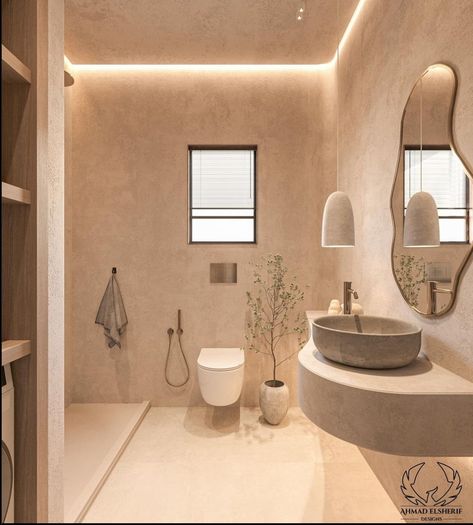 Beige Microcement Bathroom, Wabi Sabi Small Apartment, Sand Color Bathroom, Neutral Tone Bathroom, Wabisabi Bathroom, Small Neutral Bathroom, Wabi Sabi Bathroom, تصميم دورة مياه, Small Balcony Ideas Apartment Diy