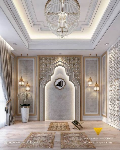 Masjid Room In Home, Namaz Room Interior Design, Home Mosque Ideas, Marocan Decor Living Room, Praying Room Ideas Muslim, Namaz Room Ideas, Mihrab Design Modern, Musholla Design Room Ideas, Islamic House Design