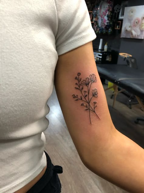 Tattoo Ideas Outer Arm, Wildflower Tattoo Inner Arm, Birth Month Flower Tattoos Bouquet Placement, Violets And Primrose Tattoos, Floral Tattoo With Butterfly, Back Of Arm Tattoos For Women, Tattoos That Represent Growth, June Tattoo Ideas, Tattoos Simplistic