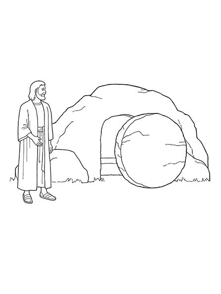 A black-and-white illustration of Jesus Christ standing outside of the empty tomb with the stone rolled away. The Empty Tomb Of Jesus, Jesus Tomb Pictures, Christ Tomb, Jesus Christ Is Risen, Jesus Christ Resurrection, General Conference Activities, Lds Coloring Pages, The Empty Tomb, Jesus Tomb