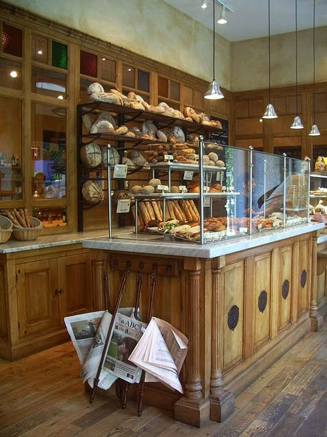 Le Pain Quotidien- One of my Mom's favorites. A beautiful, rustic French bakery that are all across the city. Bread Display, Pastry Display, Coffee Counter, Bakery Shop Design, Bakery Interior, Bread Shop, Bakery Display, French Bakery, Cafe Bistro