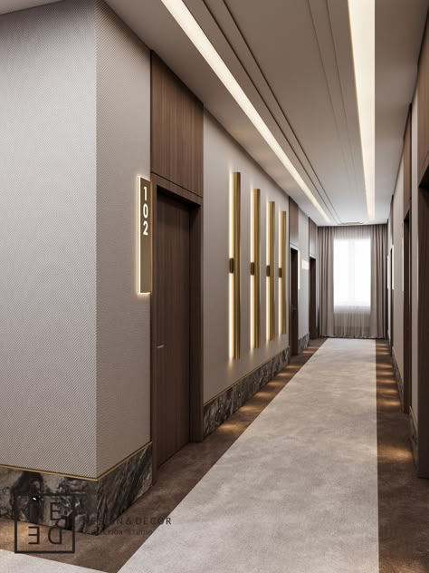 Residential Building Entrance Lobby, Long Corridor Design, Residential Lobby Design, Elevator Lobby Design, Residential Lobby, Hotel Room Interior, Hotel Corridor, Elevator Lobby, Hotel Hallway