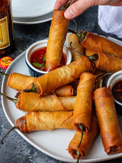 Dynamite Lumpia (Dinamita) - Eat Figs, Not Pigs Dynamite Lumpia, Egg Roll Wraps, Green Chili Peppers, Vegan Cheddar, Filipino Dishes, Wontons, Vegan Cream Cheese, Spicy Chili, All Recipes