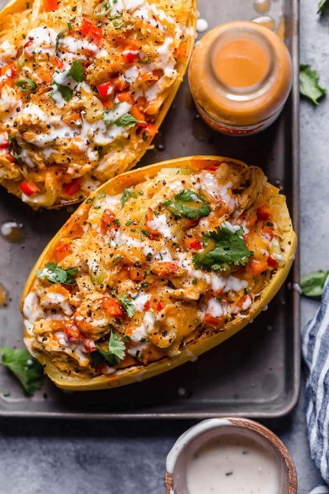 Buffalo Chicken Stuffed Spaghetti Squash Chicken Stuffed Spaghetti Squash, Easy Homemade Buffalo Sauce, Best Spaghetti Squash Recipes, Buffalo Chicken Spaghetti Squash, Stuffed Spaghetti Squash, Stuffed Squash, Homemade Buffalo Sauce, Best Spaghetti, Chicken Stuffed