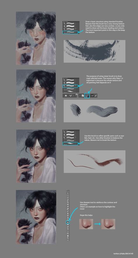 https://twitter.com/Haku38654140 Painting Sketchbook, Concept Art Tutorial, Digital Painting Techniques, Oil Painting Tutorial, Oil Brush, Digital Painting Tutorials, Learn Art, Process Art, Drawing Lessons