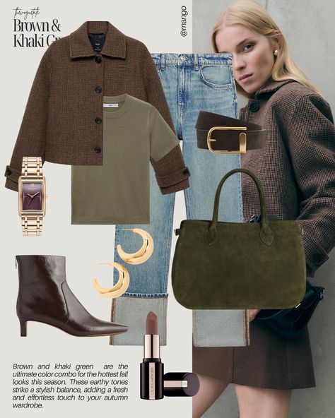 Brown and khaki green✨ the ultimate color combo for the hottest fall looks this season. These earthy tones strike a stylish balance, adding a fresh and effortless touch to your autumn wardrobe 🍂🫒 Comment “LINK” below and I’ll DM you the outfit details 🔗🫶🏻 ☕️🥐 Like, comment, share with a friend, or save this inspiration for later! Also follow and subscribe to @thevoguetale on the @shop.LTK app so you don’t miss out and stay updated on all the latest recommendations!💕 #fashion #ootd #outfit... Brown And Green Fall Outfit, Army Green And Brown Outfit, Olive Green Leather Jacket Outfit, Khaki Colour Combinations Outfit, Olive Monochromatic Outfit, Brown Combo Outfit, Earthy Color Outfits, Olive Green Fall Outfits, Olive Outfits