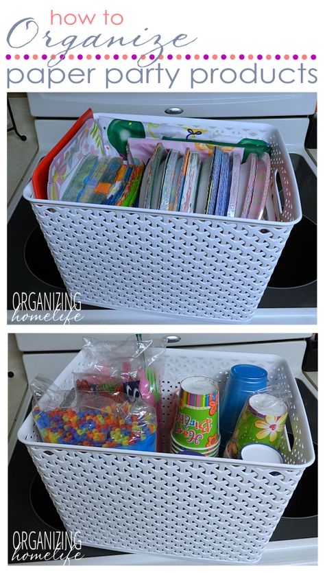 Paper Good Storage, Party Stuff Organization, Storing Party Supplies, Organize Paper Plates And Cups, Paper Goods Organization, Organizing Party Supplies, How To Store Paper Plates And Cups, How To Organize Party Supplies, Party Supply Storage