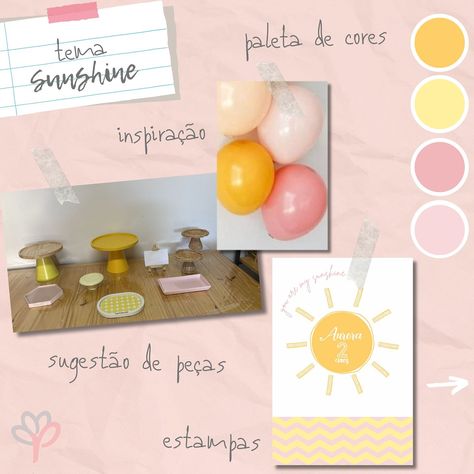 Moodboard Sunshine Party - ideias para festa tema Sol, balões rosa e amarelo, pratos e boleiras para decoração, paleta de cores Sunshine Party, Mood Boards, Aurora, Instagram