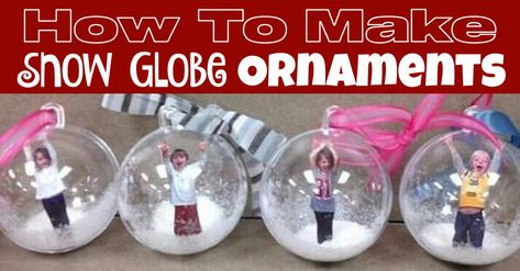 How to Make Snow Globe Ornaments - using Plastic Cups and Balls - So Easy and fun for Kids to make. Clear Ball Ornaments For Kids, Ornaments Diy Kids, Clear Plastic Ornaments, Clear Christmas Ornaments, Snow Globe Crafts, Christmas Preschool, Clear Glass Ornaments, Picture Ornaments, Christmas Crafts For Kids To Make