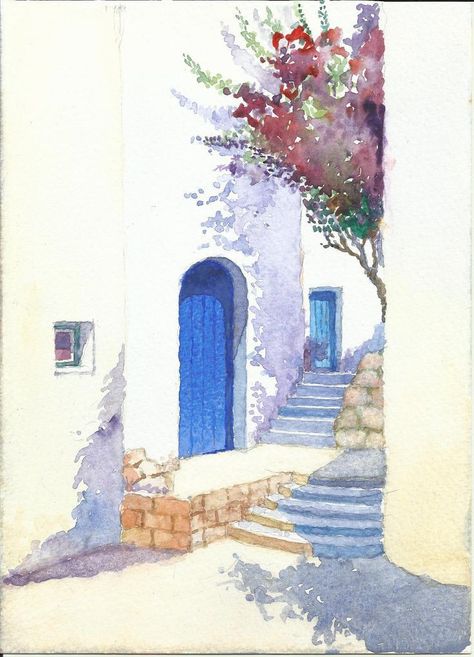 Greece Drawing Simple, Watercolor Architecture Simple, Draw Canvas, Greece Watercolor, Painting On Canvas For Beginners, Canvas Painting For Beginners, Flower Painting On Canvas, Watercolor Art Landscape, Canvas For Beginners