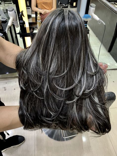 Jet Black Hair With Highlights Blondes, Ash Gray Hair Highlights, Streaky Highlights On Black Hair, Platinum Blonde Highlights On Black Hair, Black Hair With Platinum Highlights, Black Hair With Ash Highlights, Grey And Black Hair, Bob Angled, Grey Hair Transformation