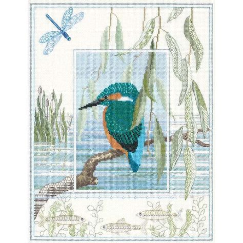 This wildlife counted cross-stitch design features a portrait of a kingfisher. The bright blue and orange bird is perched on a branch at the edge of a pond, and the pond life is incorporated into the decorative stitched frame showing leaves, cattails, fish swimming underwater, and a dragonfly flitting around the air. This design is stitched on antique white 14-ct. aida cloth. The easy-to-see squares of aida cloth make it a great fabric choice for both beginning stitchers and those with more expe Blackwork Embroidery Patterns, Bothy Threads, Cross Stitch Birds, Blackwork Embroidery, Cross Stitch Bird, Cross Stitch Animals, Counted Cross Stitch Kits, Back Stitch, X Stitch